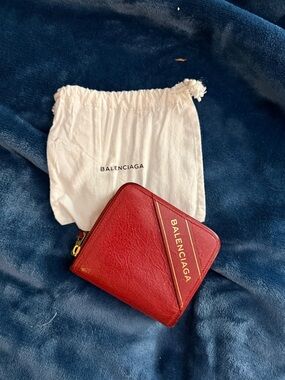 Balenciaga Red Leather Zip-Around Compact Wallet with Gold Logo